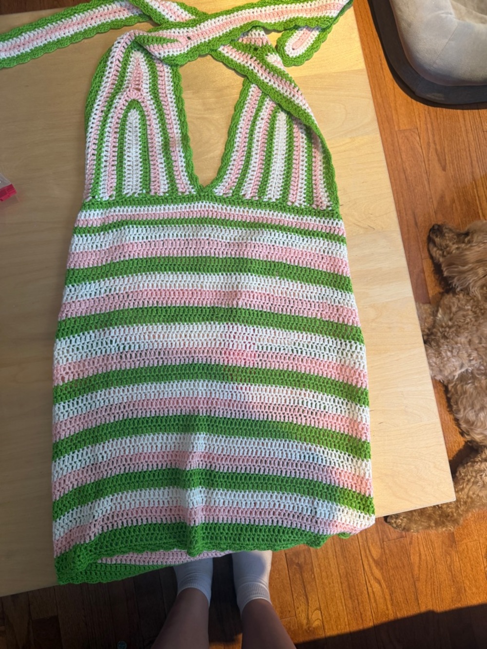 Beginning Boutique Striped Crochet Halter in Green, Pink & Cream